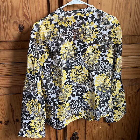 RUBY RD. Yellow, Black & White Design Sheer Button Down Shirt Size 16 - Picture 6 of 9